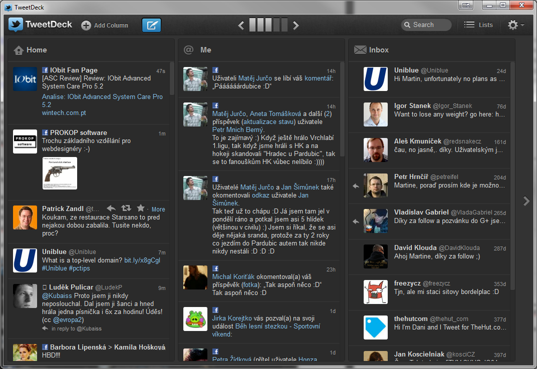 4.2 TweetDeck Další z oblíbených klientů je TweetDeck 32. Vzhledem k tomu, že je naprogramovaný v Adobe AIR, je dostupný jak pro platformu Windows, tak pro Mac OS.