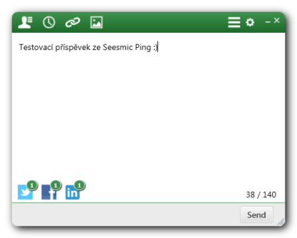 4.5 Sessmic Ping Poslední aplikaci z nabídky Seesmic je Ping 37. Jedná se o odlehčenou verzi určenou čistě na publikaci příspěvků, kdy této aktivitě je podřízeno celé rozhraní.