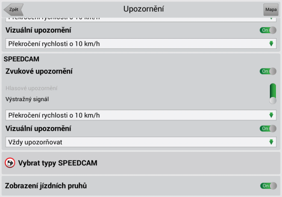 Funkce Upozornění na trase je určena pro informování řidiče o kamerách, radarech, nebezpečných křižovatkách, zpomalovacích prazích a přechodech pro chodce.