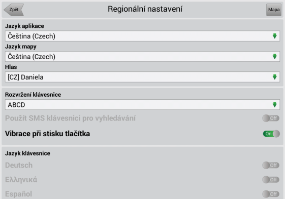 6.9 Regionální nastavení Zvolte Menu Nastavení Regionální nastavení pro určení jazyka programového rozhraní a hlasového navádění, stejně tak jako klávesnice a délkových jednotek. 6.9.1 Jazyk rozhraní Uživatel může zvolit jazyk programového rozhraní v poli Jazyk aplikace (Obr.