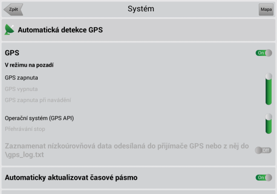 6.10 Nastavení systému Zvolte Menu Nastavení Systém pro nastavení obecného nastavení programu. Klepnutím na Automatická detekce GPS spustí proces sběru nastavení dat ze satelitů GPS (Obr. 61).