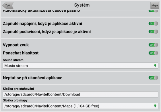 Pro výběr funkce Operační systém (GPS API) nebo Přehrávání stop nastavte posuvník do odpovídající pozice.