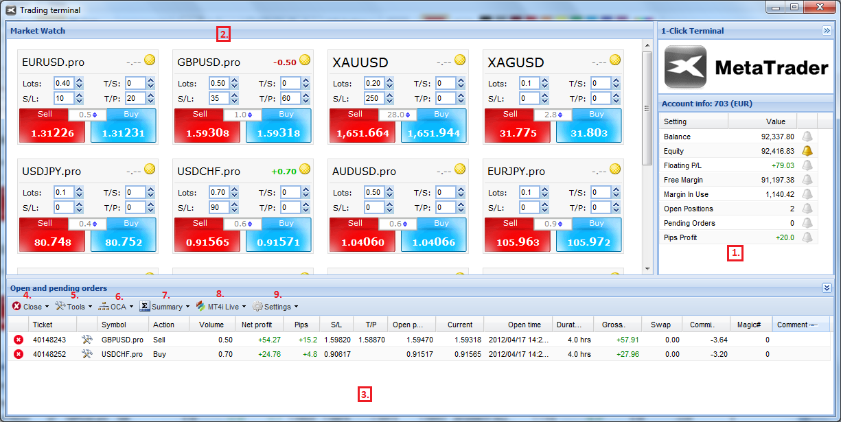 4. Trade terminal (Xtrade Trade terminal) Další dodatečný nástroj Trade terminal si lze spustit přímo z položky Strategie z okna Navigátor. Tento nástroj naleznete pod názvem Xtrade Trade terminal.