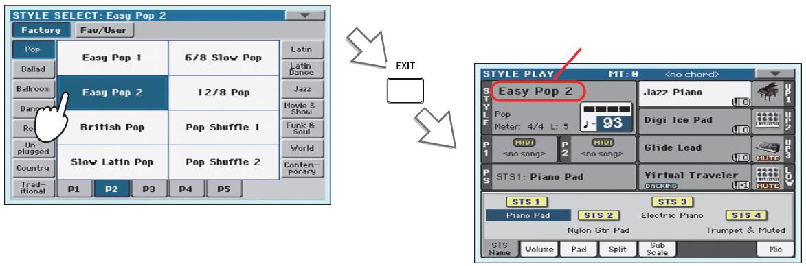 Výběr a hraní styly 53 Výběr a hraní stylem Vyberte styl v okně Style Select. Stiskem EXIT se okno Style Select se zavře a znovu se vrátí hlavní obrazovka, s připraveným stylem.