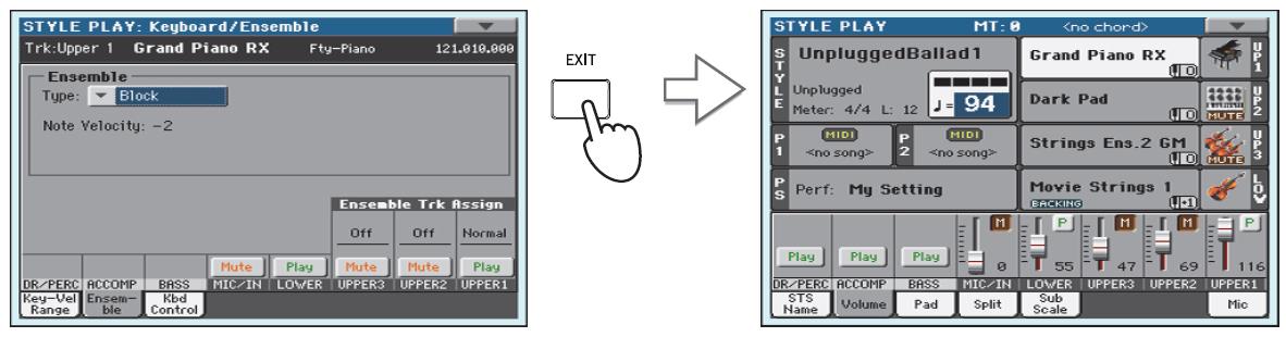 Výběr a hraní styly 61 Přidání harmonických not k melodii v pravé ruce, pomocí funkce ENSEMBLE Pokud jste zvolili správný typ harmonizace, stiskem tlačítka EXIT se vrátíte na hlavní