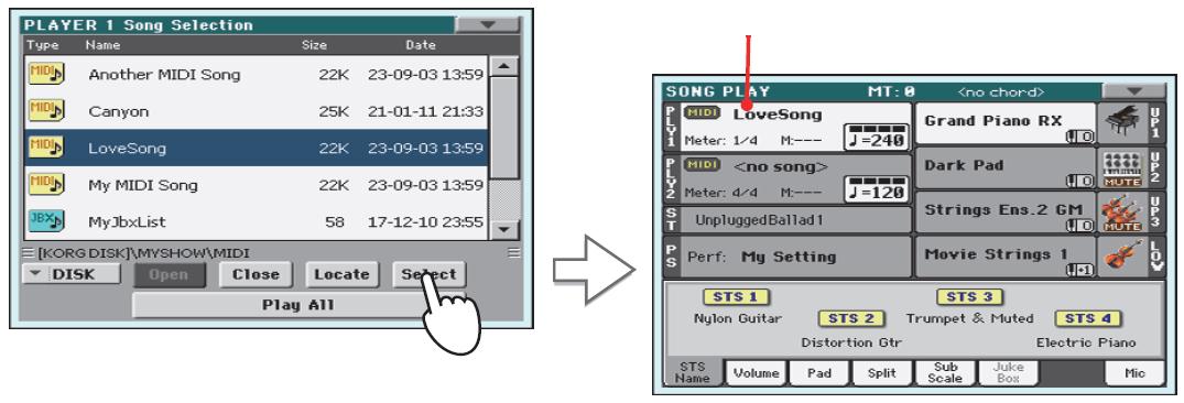 i Tip: Jako alternativu můžete otevřít okno Song Select stiskem tlačítka SELECT v sekci PLAYER 1 na ovládacím panelu. Projděte seznam a vyberte song pro přehrání. Vyznačí se zvolený song.