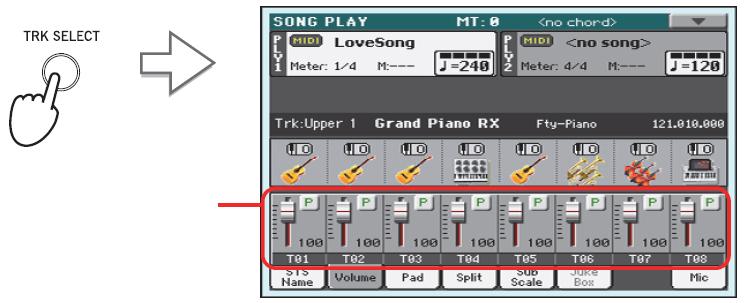 68 Song Play Změna hlasitosti stopy Stiskem tlačítka TRACK SELECT zobrazíte stopy 1-8 (Track 1-8). i Pozn.