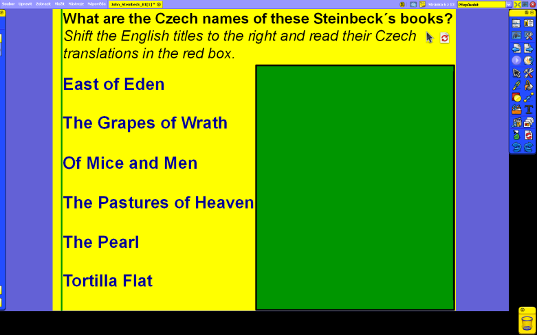Str. 6 - Překladová stránka, procvičování slovní zásoby 6 6 Pomocí nástroje Výběr s obtažením přesouváme názvy doprava, kde se v zeleném poli objeví kromě původního názvu i český překlad Str.