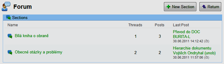 komponenty řadíme: Diskusní fórum - dostupné z úvodní stránky portálu (Obrázek 86). Jedná se o standardní fórum s možností tvorby oddělených vláken a témat.