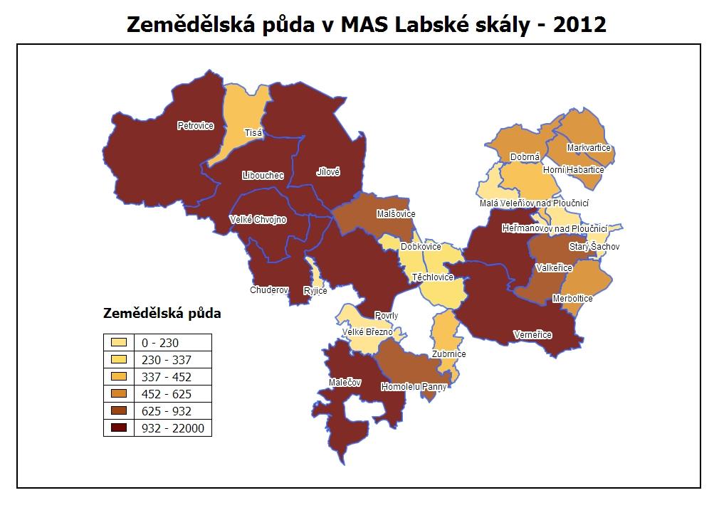 V následujících mapách je znázorněn přehled zemědělské a nezemědělské půdy na území jednotlivých obcí a měst MAS Labské skály. Mapa č. 3 zemědělská půda k 31.12.2012 Graf č.