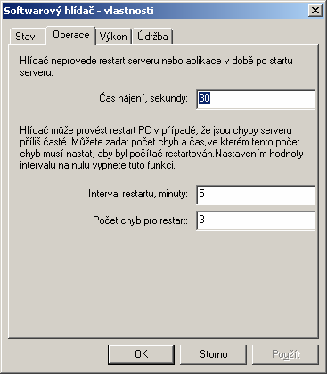 V záložce Operace lze nastavit podmínky, které určují parametry činnosti hlídače Volba Čas hájení, sekundy udává počet sekund po startu DVR serveru, kdy hlídač nevykoná restart serveru, resp.