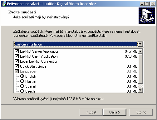 Dalším krokem je volba adresáře, kam má být software nainstalován (výchozí složka je <Program_files>\LuxRiot Digital Video Recorder, kde <Program_files> představuje výchozí složku,