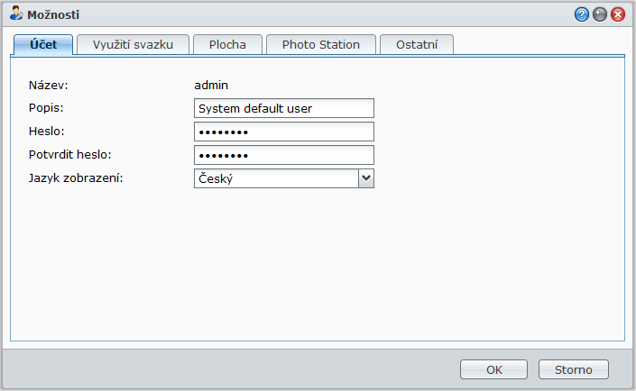 Správa osobních možností Díky nabídce Možnosti (s ikonou postavy) v pravém horním rohu plochy systému DSM zahájíte správu nastavení uživatelského účtu nebo se odhlásíte ze systému DSM.