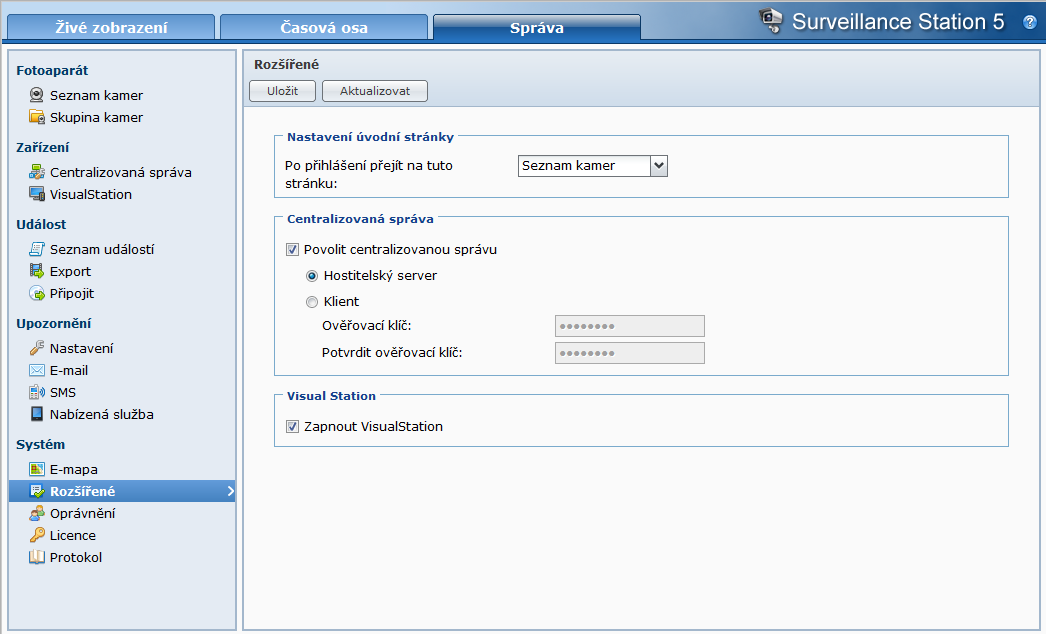 Správa rozšířených nastavení Pokud chcete upravit rozšířená nastavení aplikace Surveillance Station, přejděte na stránku Systém > Rozšířené v sekci Správa.
