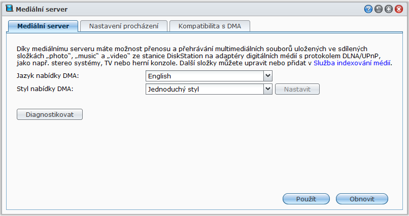 Kapitola Správa mediálního serveru a služby Kapitola 16: itunes 16 Stanice Synology DiskStation může být multimediálním serverem v místní síti a umožňovat počítačům (s aplikací Windows Media Player