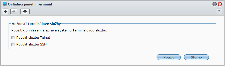 Povolení terminálových služeb Pokud chcete povolit terminálovou službu, která umožňuje přihlášení ke stanici Synology DiskStation a změny jejího nastavení pomocí protokolu Telnet nebo SSH, přejděte