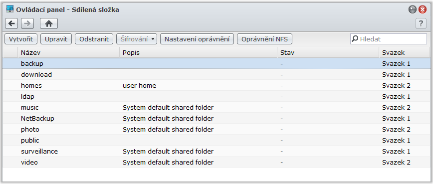 Nastavení sdílených složek Chcete-li spravovat sdílené složky, které jsou kořenovými složkami stanice Synology DiskStation, přejděte do části Hlavní nabídka > Ovládací panel > Sdílená složka.