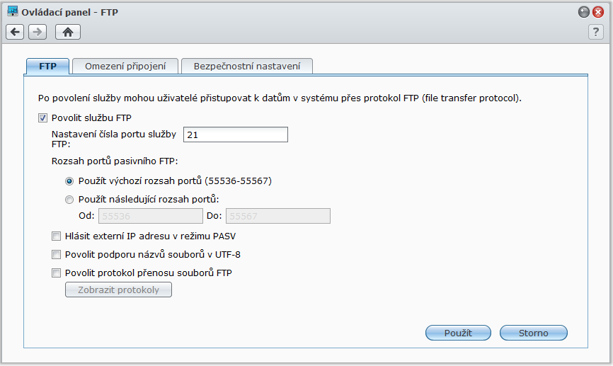 Přístup k souborům přes FTP Pokud je stanice Synology DiskStation přístupná přes Internet, můžete pomocí FTP aplikace přistupovat ke sdíleným složkám.