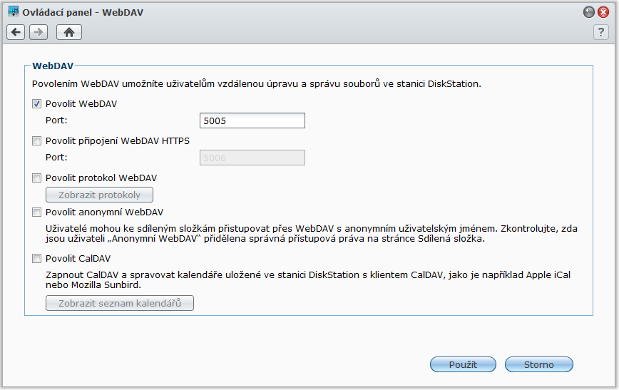 Přístup k souborům přes WebDAV Povolením služeb WebDAV nebo CalDAV (v části Hlavní nabídka > Ovládací panel > WebDAV) můžete provádět vzdálenou správu a úpravu souborů a kalednářů