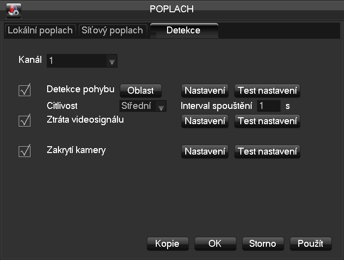 Upozornění: poplachové funkce se mohou lišit podle modelu DVR. Video detekce Nastavení chování poplachu při detekování změn v obraze. Jednotlivé funkce se aktivují zaškrtnutím volby.