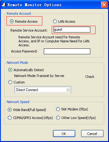 Přístupový režim nastavte na Remote Access. Vyplňte položku Remote Service Account, jménem účtu a zadejte heslo.