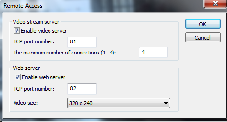 V tomto dialogovém okně zaškrtněte box Enable web server a zvolte číslo portu (hodnota 80 je defaultně nastavena). Následně zvolte rozlišení pro přenos. Na závěr klikněte na OK.