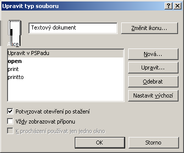 B.3 ZÁKLADY RÁCE SE SOUBORY 192 Obrázek B.8: Upřesnění (vytvoření) akcí pro příponu TXT ve Windows 2000 Systém indexuje obsah disků, aby bylo vyhledávání rychlejší (tj.
