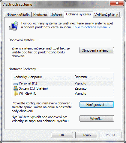 2.5 BEZEČNOST 74 Obrázek 2.33: Nástroj Obnovení systému ve Windows X průvodce a přechod k zvolenému bodu obnovení Windows 7: V nástroji Systém klepneme v levém panelu na odkaz Ochrana systému.