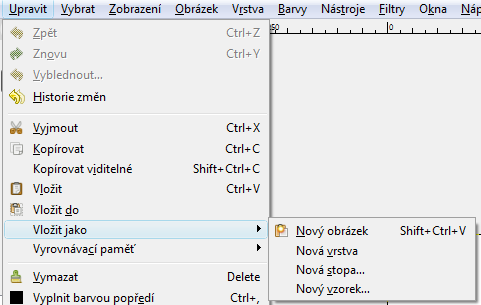 Další možností vytvoření nového obrázku je volba nabídky Upravit > Vložit jako > Nový obrázek. Tímto způsobem je možné vytvářet soubory ze schránky.