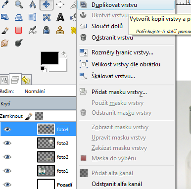 otáčet a překlápět pomocí nabídky Vrstvy > Transformovat > nebo duplikovat přímo na kartě Vrstva (kliknutím pravého tlačítka myší na vrstvu).