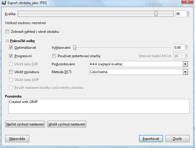 V případě exportu do formátu JPEG můžeme také nastavit kvalitu exportu, viz