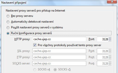 U programu Mozilla Firefox musíme zvolit Možnosti -> záložka Rozšířené, záložka síť a Nastavení připojení V nastavení proxy serverů nastavíme Ruční konfigurace proxy serverů a políčko HTTP proxy