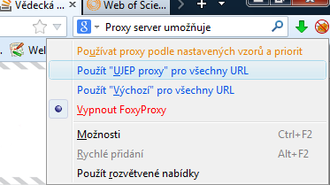 a po nastavení používání dalšího proxy serveru v programovém okně prohlížeče jednoduše volit proxy server (kliknutím pravého tlačítka na ikonku v navigaci), kterým chceme