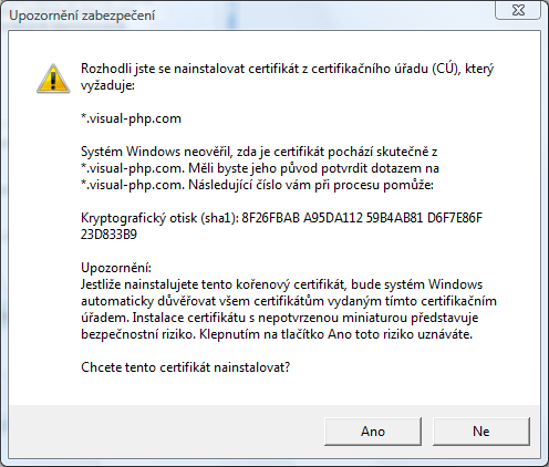 16 Visual PHP Developer Guide Potvrďte dialog tlačítkem Ano.