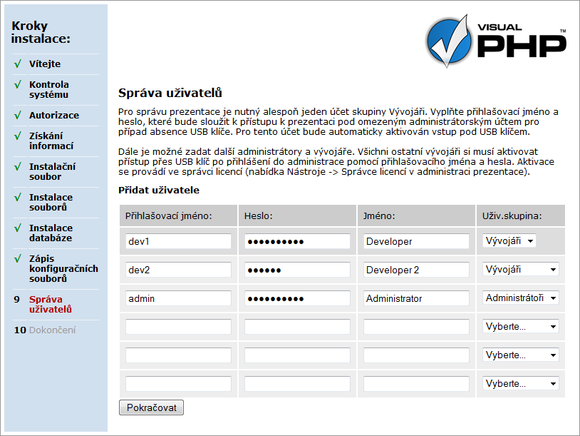 Instalace Visual PHP Po kliknutí na tlačítko Pokračovat dojte