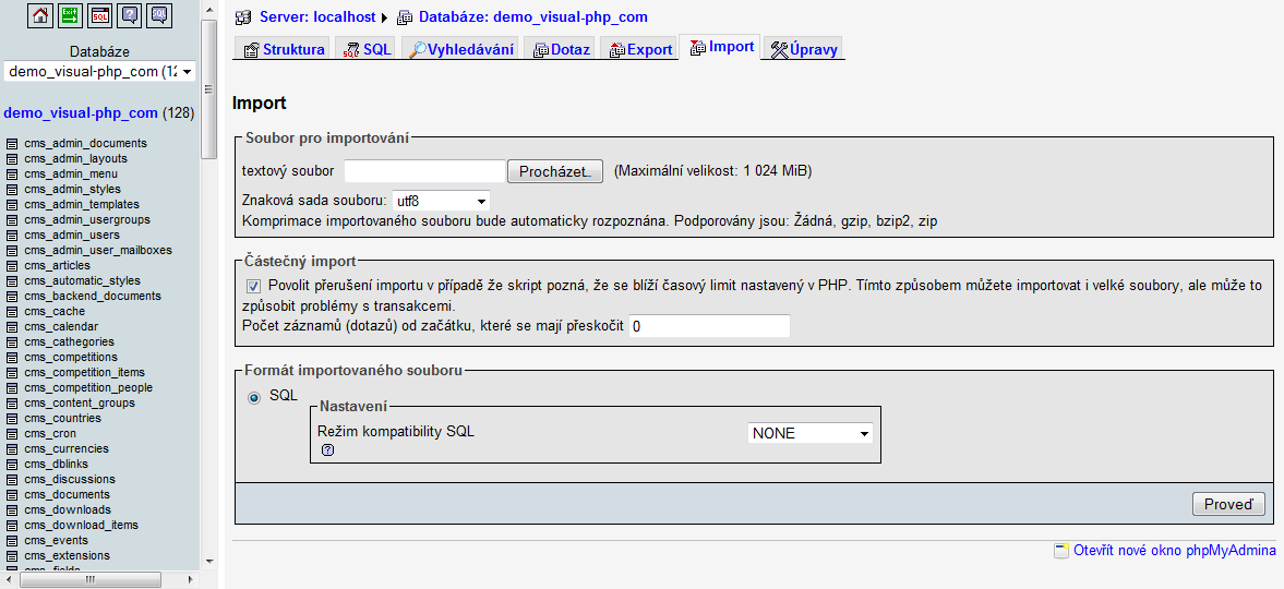 70 Visual PHP Developer Guide Klikněte na tlačítko Procházet..., vyberete dříve vygenerovaný SQL soubor z lokálního disku a klikněte na tlačítko Proveď.