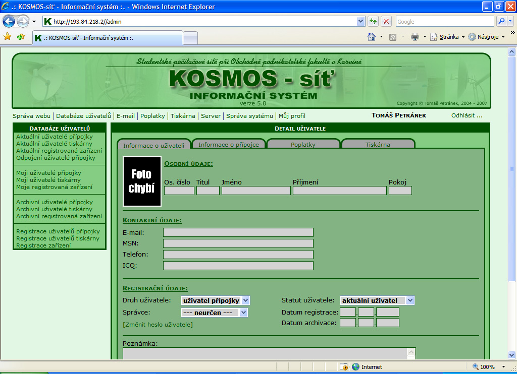 Návrh a realizace informačního systému pro kolejní síť OPF 65 formátování jsou vytvořeny pomocí kaskádových stylů, které jsou definovány v externím souboru.