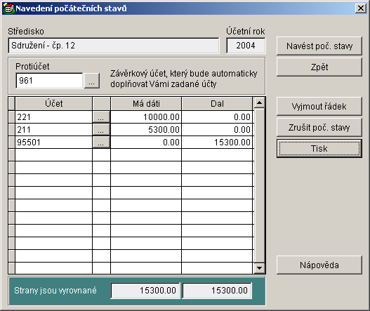 Počáteční stavy je třeba ručně navádět pouze při prvním rozběhu účetnictví v programu SSB2000, v dalších letech si program