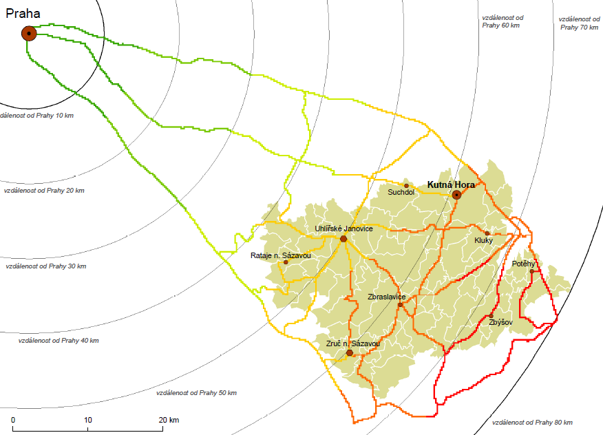 3.3.2. Horizontální geografická poloha Regionálním centrem je Kutná Hora, která počtem obyvatel i vybaveností výrazně přesahuje ostatní mikroregionální centra.