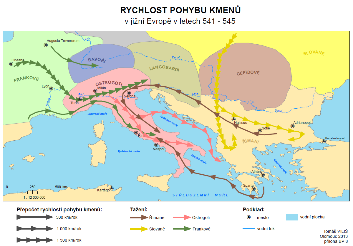 Obr. 22 Ukázka mapy rychlosti pohybu kmenů. K liniovým znakům jsou ve znakovém klíči stejně jako u bodových sepsány jejich parametry, tj.