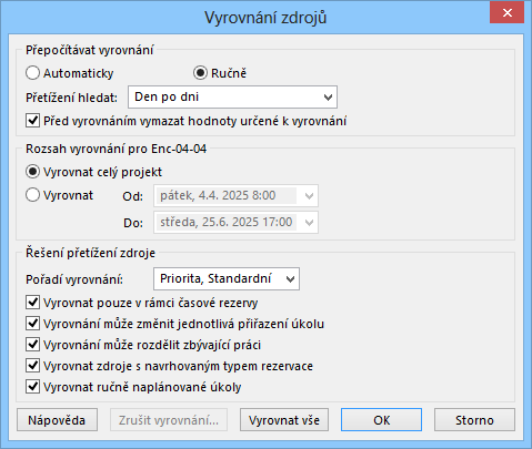 5 Zdroje 103 Vyrovnání» 2.6 rozeslání pozvánek 8 h. Project standardně nepřepočítává vyrovnání zdrojů, pouze přihlíží k návaznosti úkolů a k limitům zahájení a dokončení úkolů.