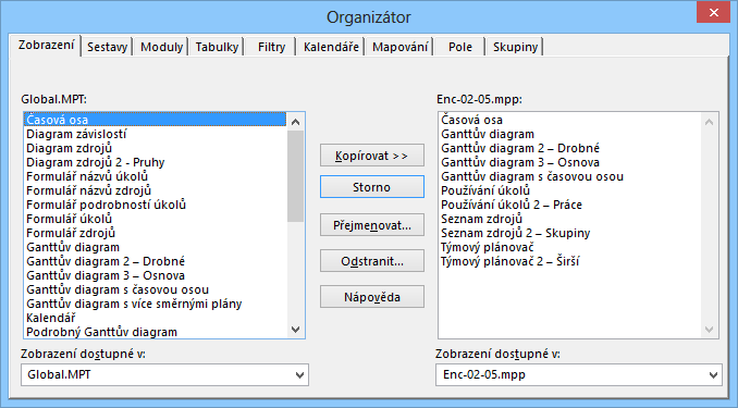 2 Projekty 51 Panel zobrazení Organizátor K dispozici jsou další možnosti přepínání mezi zobrazeními: Z místní nabídky názvu zobrazení na levém kraji zobrazení můžeme vybrat základní zobrazení či