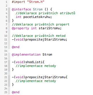 Obrázek 3.4: Deklarace privátních atributů, propert, metod a implementace metod - Poznámka: od verze Xcode 4.3 není povinné předem deklarovat privátní metody.