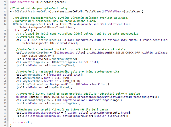 Obrázek D.5: Tovární metoda třídy BCSelectAssigneeCell Pomocí tovární metody createassignecellwithtableview: vytváříme buňku pro naši tabulku.