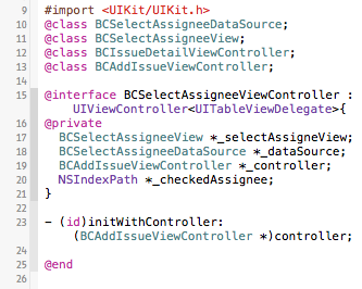 Zdrojový kód řadiče tabulky (BCSelectAssigneeViewController.h a BCSelectAssigneeViewController.m) Obrázek D.13: Hlavičkový soubor BCSelectAssigneeViewController.