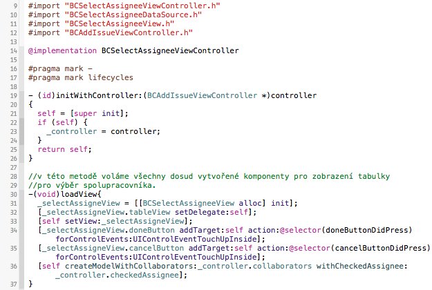 Obrázek D.14: Začátek implementačního souboru BCSelectAssigneeViewController.