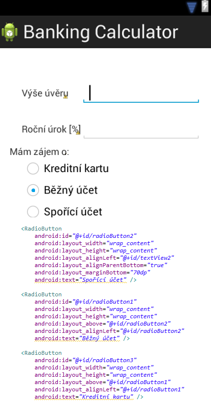 Obrázek 14:Deklarace přepínacího tlačítka včetně jeho vlastností ve zdrojovém kódu [z vlastního zdroje] Obrázky Obrázky lze v systému Android použít pomocí objektů ImageView a ImageButton.