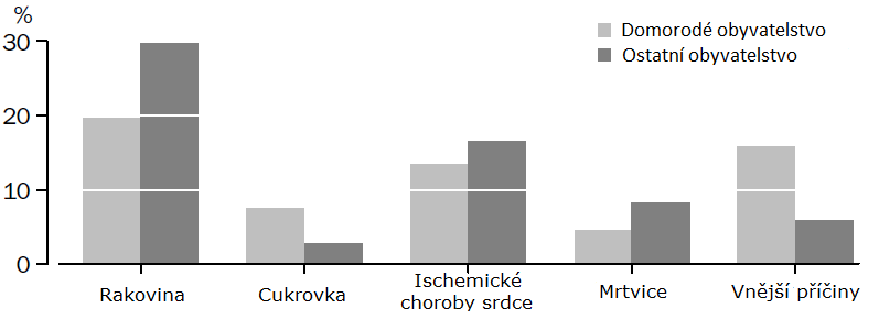 Hlavní příčinu předčasných úmrtí mezi lety 2001 a 2005 představují infarkt, angína pectoris a mrtvice, tedy zejména nemoci oběhové soustavy, konkrétně se jedná o 27 %.