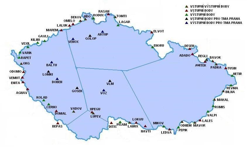 Obr. 1 Navržené vstupní a výstupní body pro ČR po zavedení druhé fáze Free Route Airspace 3.