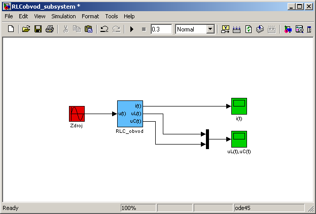 obr.4 Schéma RLC seriového obvodu v Simulinku Pro přehlednost je možné v Simulinku vytvářet subsystémy. Ty v sobě mají původní bloky, ale my vidíme jen vstupy a výstupy příslušného subsystému.